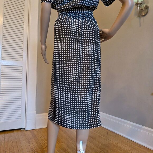 Vintage 80s Leslie Fay Polka Dot Midi Dress, Belted Black, Corpcore Office 14 - Picture 11 of 12